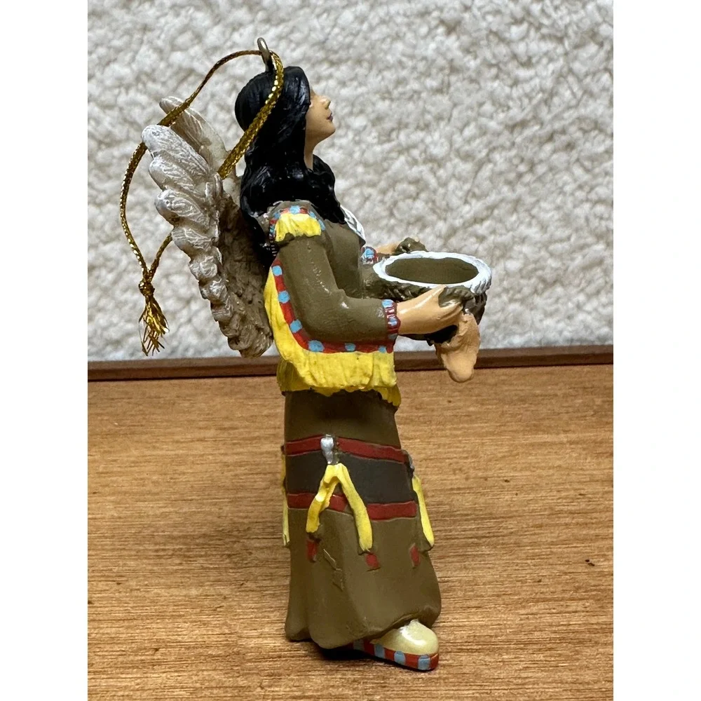 Native American Style Angel Ornament Resin Figurine Holding Basket 4.25in